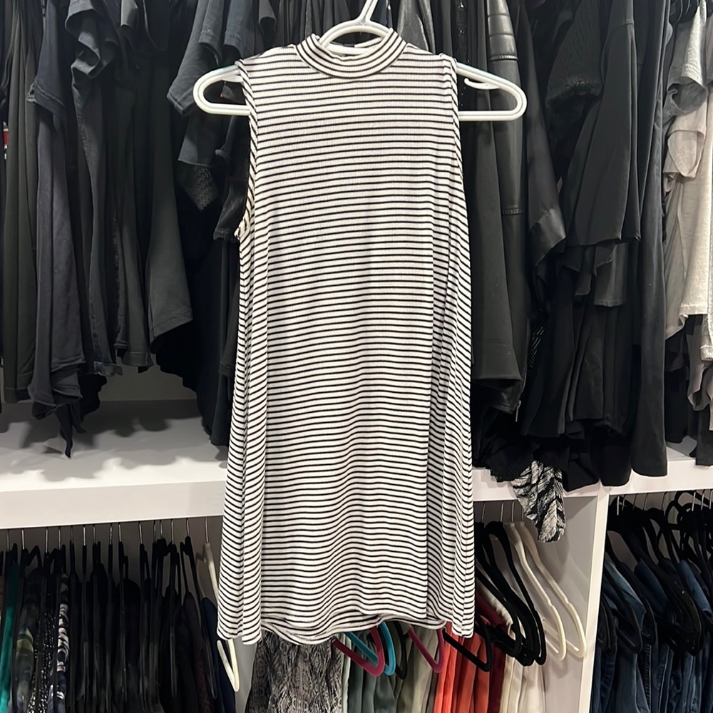 High neck sleeveless black & white striped dress